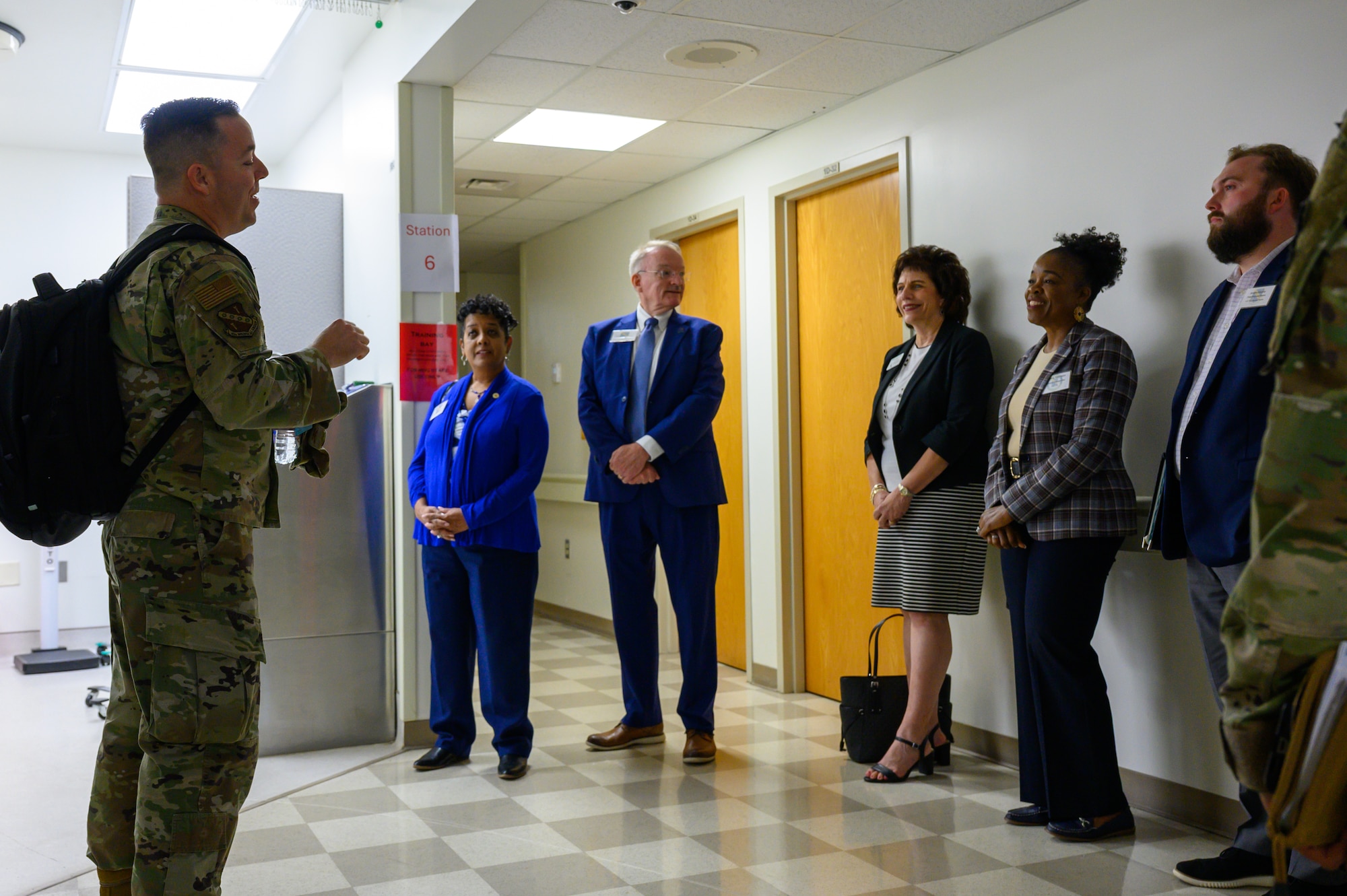 The 42nd Air Base Wing leadership, their honorary commanders, and local community leaders receive a tour of the 42nd Medical Group’s training facilities at Maxwell Air Force Base, Alabama, Sept. 29, 2025. The 42nd Medical Group supports Air University, 42nd Air Base Wing, 908th Airlift Wing, and tenant units at Maxwell Air Force Base and Gunter Annex. (U.S. Air Force photo by Senior Airman Evan Lichtenhan)