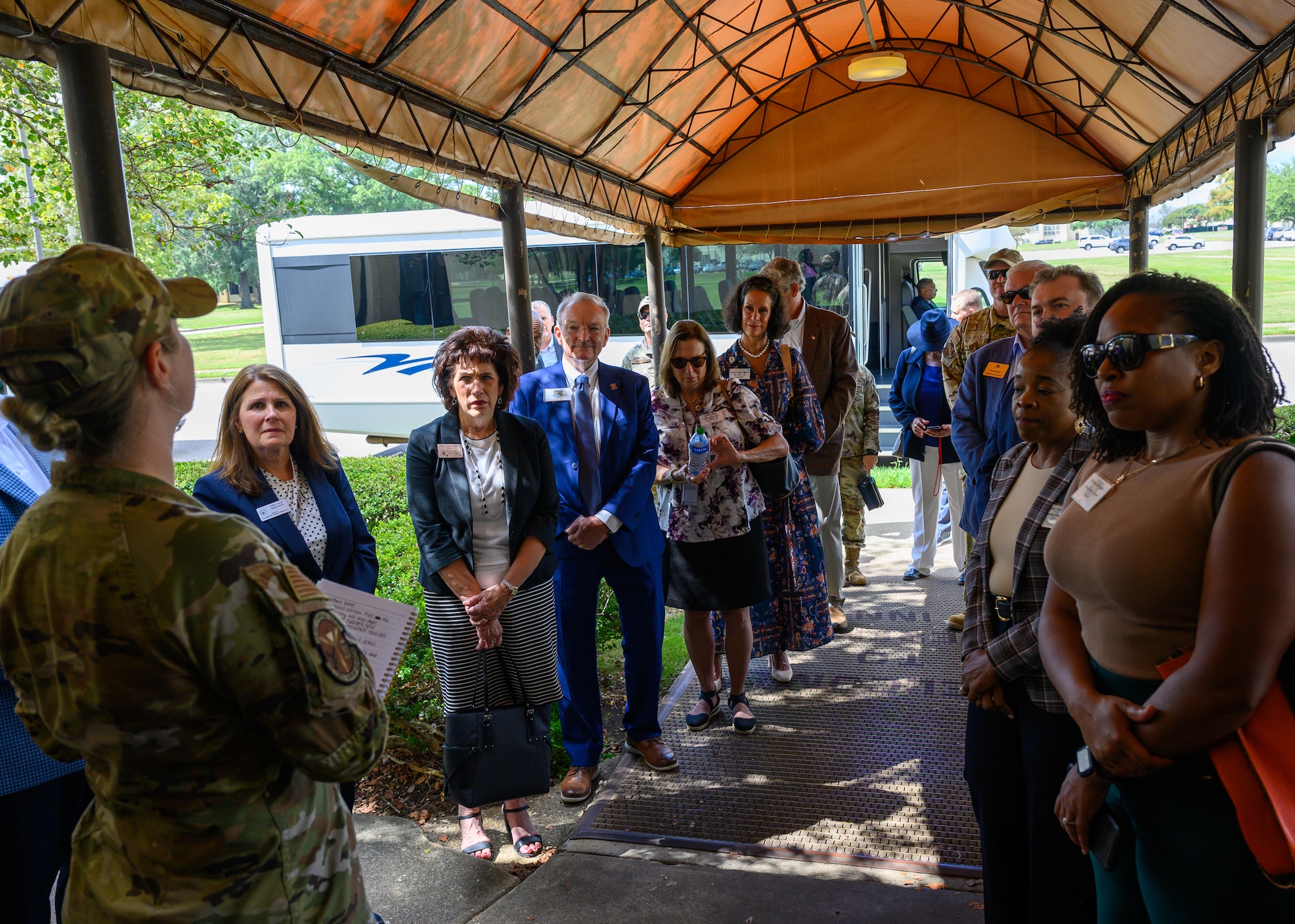 The 42nd Air Base Wing leadership, their honorary commanders, and local community leaders receive a tour and briefing about the Riverfront Inn at Maxwell Air Force Base, Alabama, Sept. 29, 2025. The Riverfront Inn is one of the three dining facilities across Maxwell AFB and Gunter Annex. (U.S. Air Force photo by Senior Airman Evan Lichtenhan)