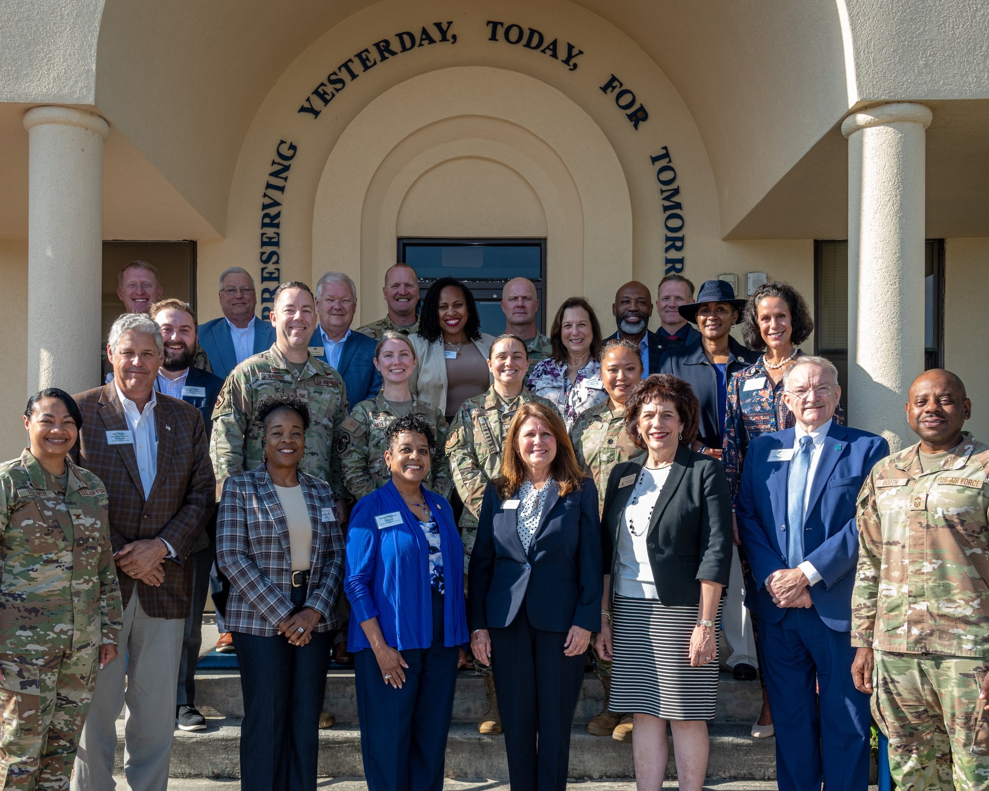 42nd Air Base Wing leadership and their honorary commanders pose for a group photo at the Enlisted Heritage Hall as they kick off a tour of Air Force heritage and the local mission at Gunter Annex, Sept. 29, 2025. The Honorary Commander Program pairs military commanders with community leaders to promote transparency, mutual support, and collaborative problem-solving; the immersive tour was designed to deepen the community’s understanding of the 42nd ABW mission. (U.S. Air Force photo by Melanie Rodgers Cox)