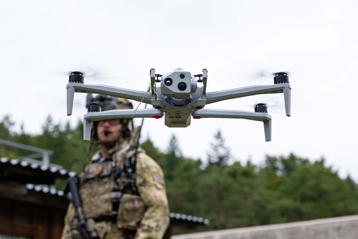 Drone floats in the air