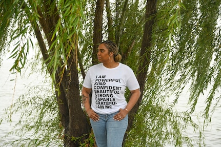 U.S. Air Force Senior Master Sergeant Capri Vasquez, first sergeant for the Defense Threat Reduction Agency, reflects on the life of her fallen Airman at Joint Base Anacostia-Bolling, Washington, D.C., Sept. 10, 2025. Her Airman died by suicide on Nov. 18, 2021. (U.S. Air Force photo by Airman 1st Class Shanel Toussaint)