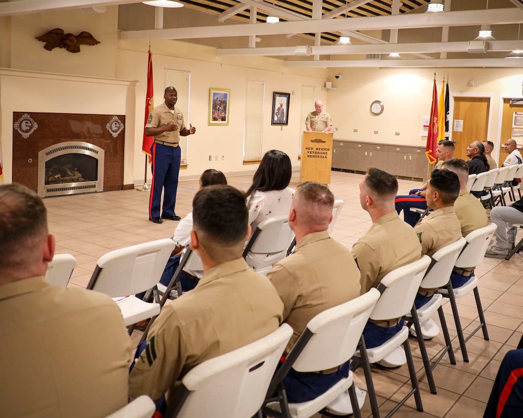 U.S. Marine Corps Sgt. Maj. Shonti J. Gregory, the oncoming Sergeant Major of Recruiting Station Albuquerque, 8th Marine Corps District, speaks to the audience during Recruiting Station Albuquerque’s relief and appointment ceremony at New Mexico Veterans Memorial, June 2, 2025.  The Relief and Appointment Ceremony serves as the ceremonial changeover between sergeants major, honoring the contributions of the outgoing while offering the opportunity for the oncoming sergeant major to introduce themself to the Marines now in their charge. Sgt. Maj. Pablo G. Alarcon relinquished his duties as sergeant major of Recruiting Station Albuquerque to Sgt. Maj. Shonti J. Gregory. (U.S. Marine Corps photo by Sgt. Mark Morales)