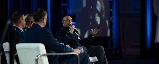  U.S. Space Force Lt. Gen. David N. Miller, Jr. (right) , commander of Space Operations Command (SpOC), participates in a panel discussion in National Harbor, Maryland, Sep. 25th, 2025.  Miller joined his peers for multiple discussions sponsored by the Air and Space Forces Association, covering topics including space capabilities, space superiority and SpOC's role in warfighting exercise.