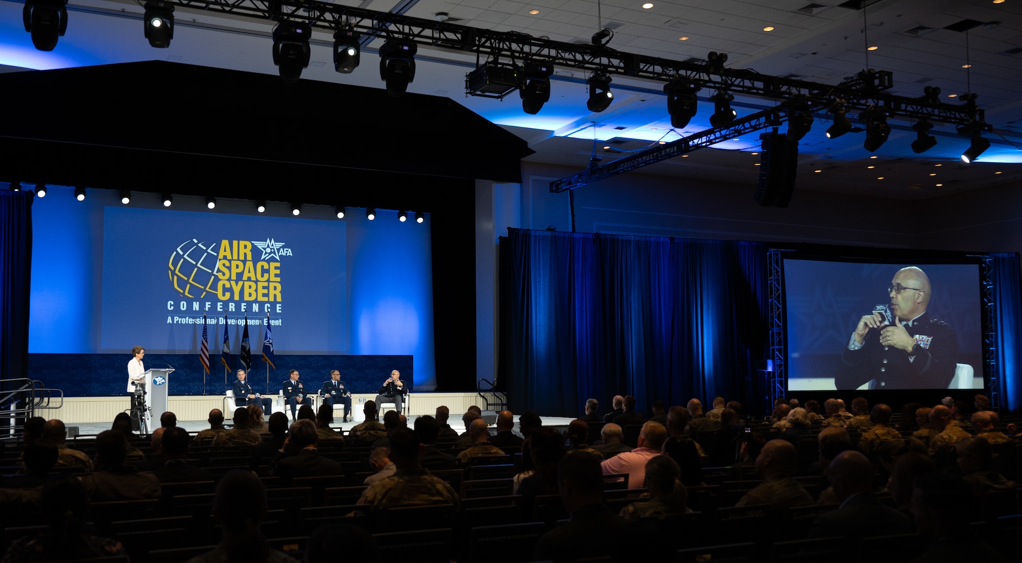 U.S. Space Force Lt. Gen. David N. Miller, Jr. (right on stage) , commander of Space Operations Command (SpOC), participates in a panel discussion in National Harbor, Maryland, Sep. 25th, 2025.  Miller joined his peers for multiple discussions sponsored by the Air and Space Forces Association, covering topics including space capabilities, space superiority and SpOC's role in warfighting exercise.