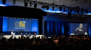 U.S. Space Force Lt. Gen. David N. Miller, Jr. (right on stage) , commander of Space Operations Command (SpOC), participates in a panel discussion in National Harbor, Maryland, Sep. 25th, 2025.  Miller joined his peers for multiple discussions sponsored by the Air and Space Forces Association, covering topics including space capabilities, space superiority and SpOC's role in warfighting exercise.