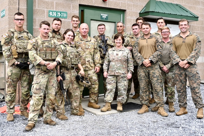 Brig. Gen. Laura McHugh and Command Sgt. Maj. Oscar Laughman participate in the annual Live Fire Shoot House Master Trainer Course at Fort Indiantown Gap, Pennsylvania, July 24, 2024. The Pennsylvania Individual Training Branch Marksmanship Training Unit led the course of eight students from Pennsylvania Army National Guard and U.S. Marine Corps units. (U.S. Army National Guard Photo by Spc Jessica Barb)