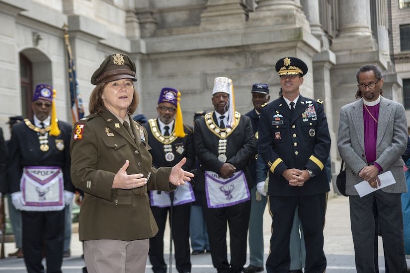Then-Col. Laura A. McHugh, deputy adjutant general-Army, Pennsylvania National Guard, speaks at the annual Maj. Octavius V. Catto Honor Ceremony at the Catto Monument at Philadelphia City Hall on Oct. 2, 2021. (Photo by Senior Airman Wilfredo Acosta)
