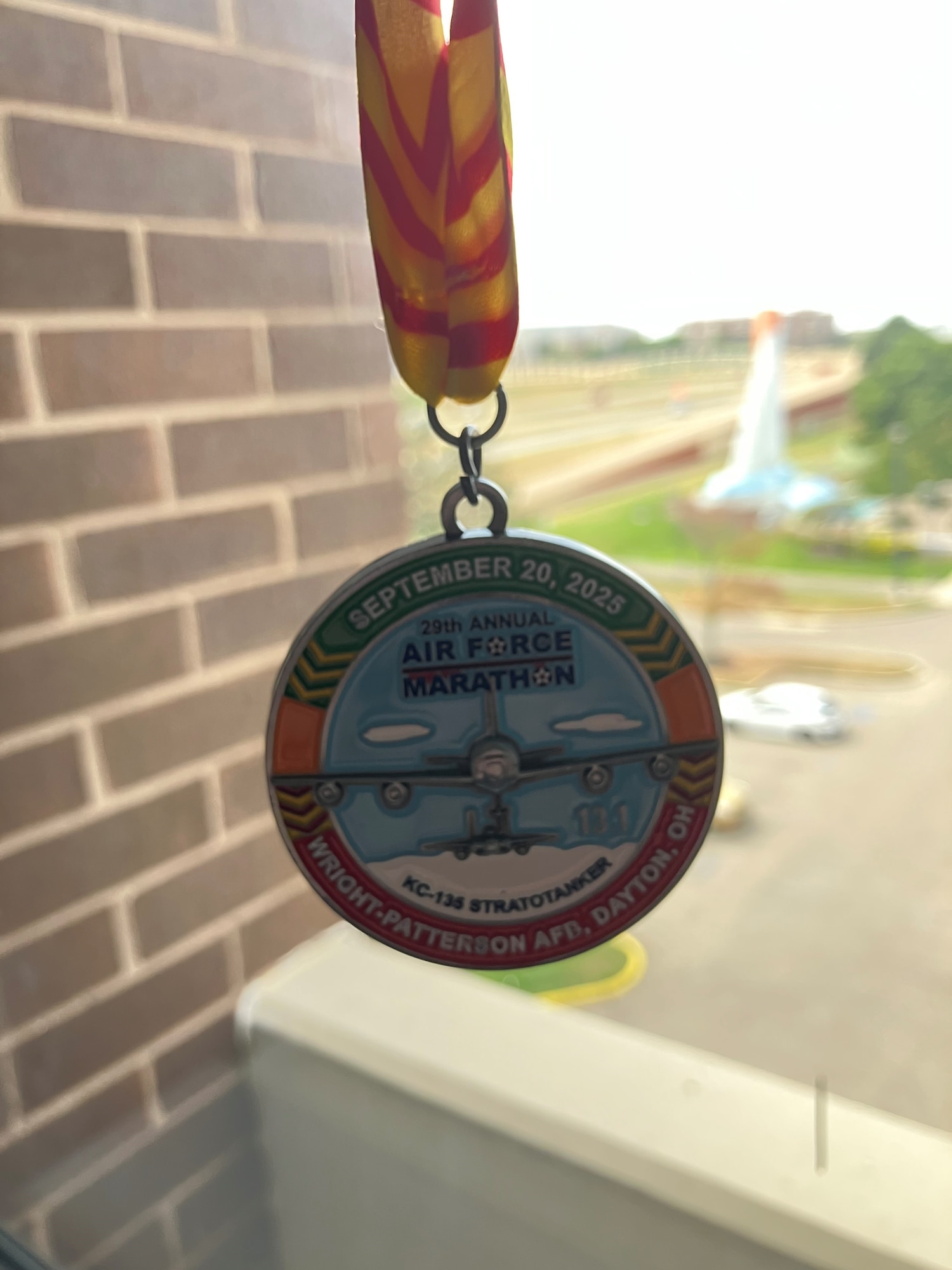 The U.S. Air Force Marathon completion medal shown at Wright-Patterson Air Force Base, Ohio, Sept. 20, 2025.