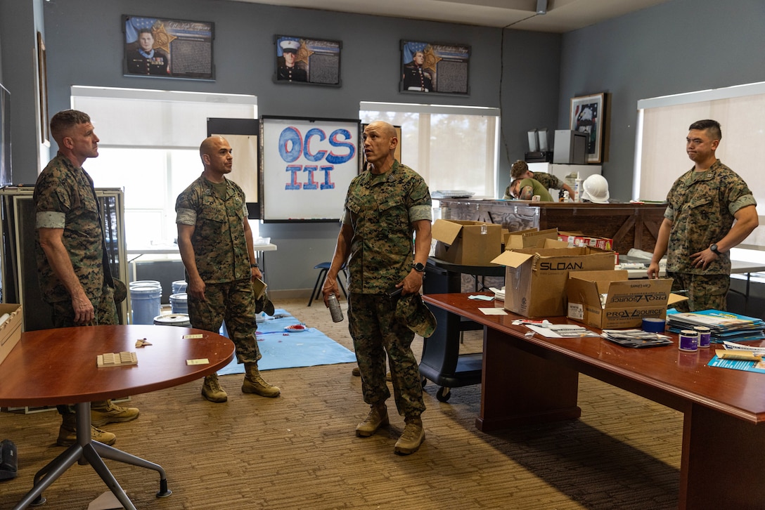 U.S. Marine Corps Sgt. Maj. Rodney E. Nevinger, command senior enlisted advisor of I Marine Expeditionary Force, walks through 7th Engineer Support Battalion, 1st Marine Logistics Group, barracks during Operation Clean Sweep III on Marine Corps Base Camp Pendleton, California, Sept. 23, 2025. OCS III is part of a joint initiative aimed at revitalizing the barracks infrastructure and enhancing operational readiness for Marines and Sailors residing within the barracks. (U.S. Marine Corps photo by Cpl. Savannah Norris)
