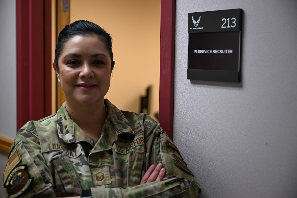 U.S. Air Force Master Sgt. Jennifer Liddicoat, 353rd Recruiting Squadron in-service recruiter, poses for a photo in her office at Eielson Air Force Base, Alaska, Sept. 25, 2025.