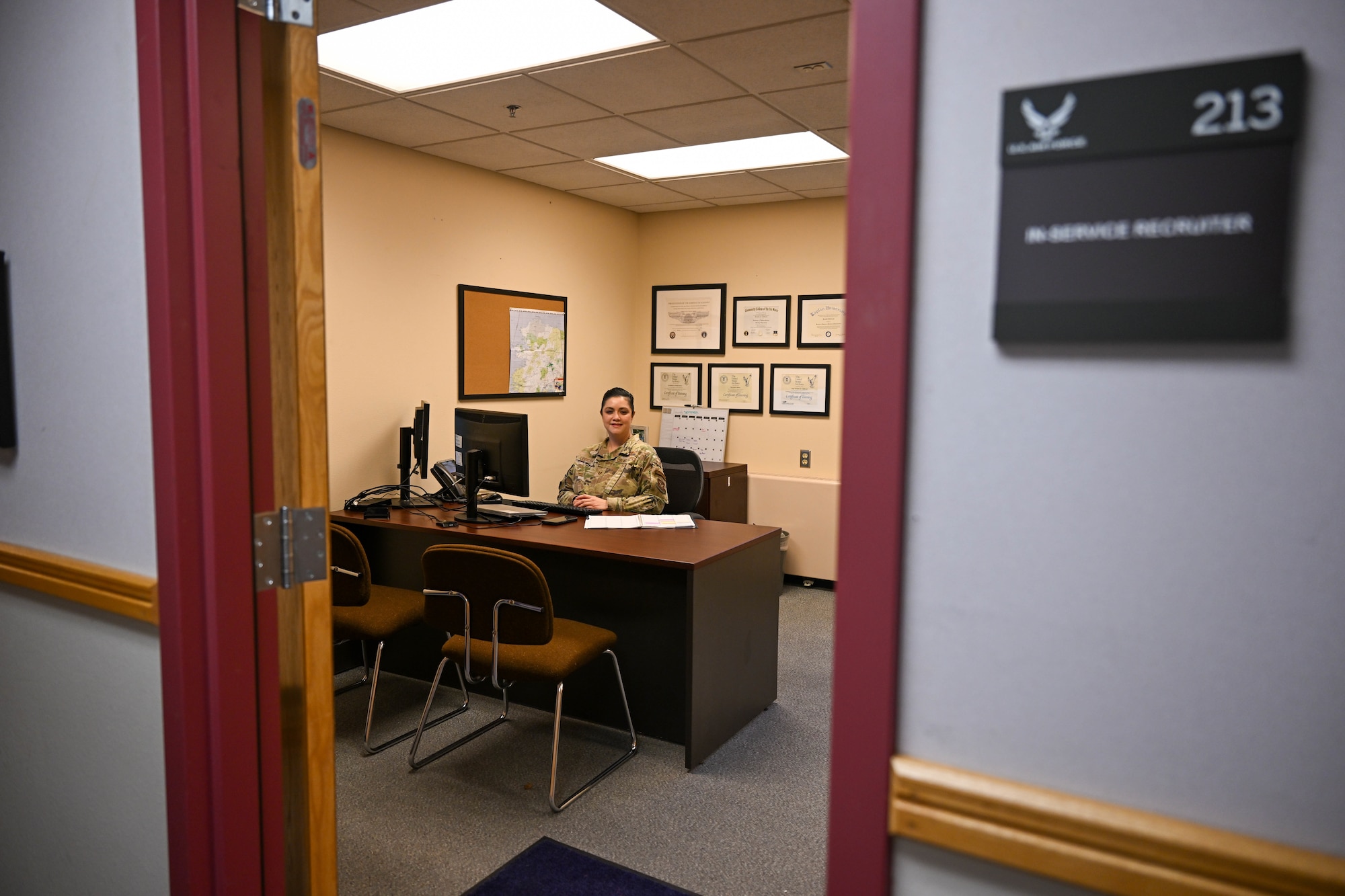 U.S. Air Force Master Sgt. Jennifer Liddicoat, 353rd Recruiting Squadron in-service recruiter, poses for a photo in her office at Eielson Air Force Base, Alaska, Sept. 25, 2025.
