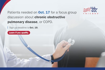 Picture of a doctor using a stethoscope on a patient's chest; "Patients needed on Oct. 17 for a focus group discussion about chronic obstructive pulmonary disease, or COPD."