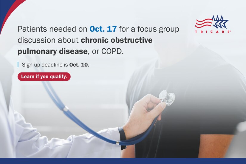 Picture of a doctor using a stethoscope on a patient's chest; "Patients needed on Oct. 17 for a focus group discussion about chronic obstructive pulmonary disease, or COPD."