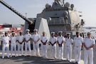 KARACHI, Pakistan (Sept. 24, 2025) U.S. and Pakistan Navy officers pose for a photo on the fo’c’sle of the Arleigh Burke-class guided-missile destroyer USS Wayne E. Meyer (DDG 108) during a tour in the U.S. Central Command area of responsibility. (Official U.S. Navy photo)
