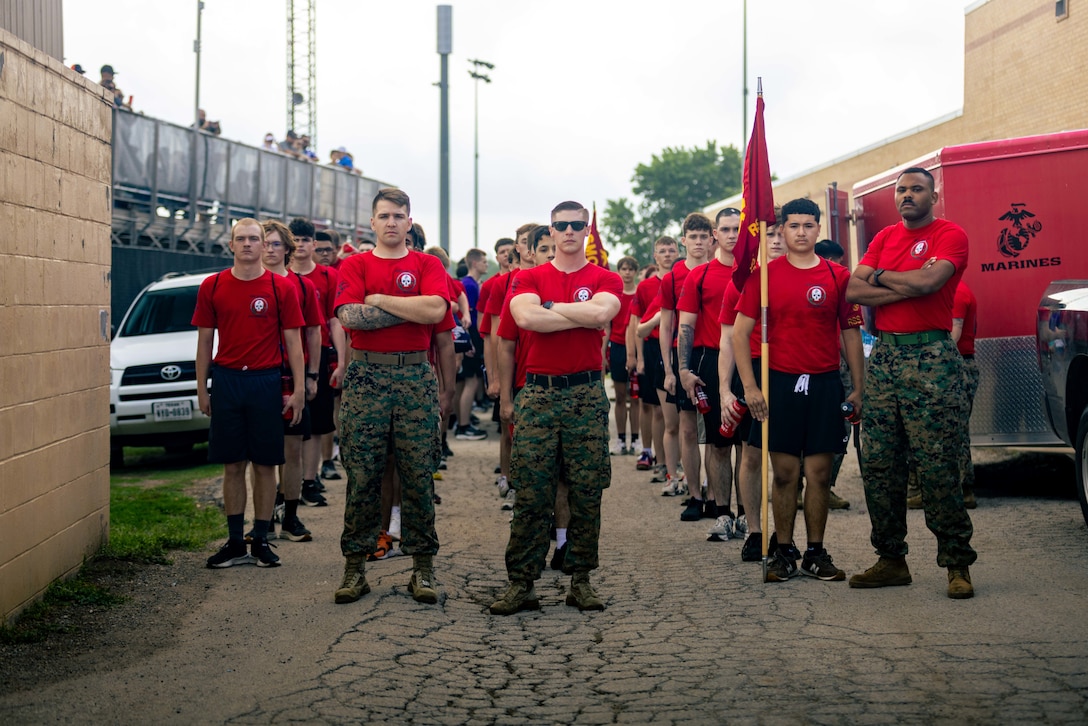 U.S. Marines and Poolees with Recruiting Sub-Station Denton, Recruiting Station Fort Worth, pose for a group photo during the 2025 annual pool function at South Hills High School, Fort Worth, TX., April 26, 2025. The annual pool function served as an opportunity for future Marines to build camaraderie and experience firsthand some of the rigors they will face during recruit training. (U.S. Marine Corps photo by Sgt. Jaiden O. Sangster)