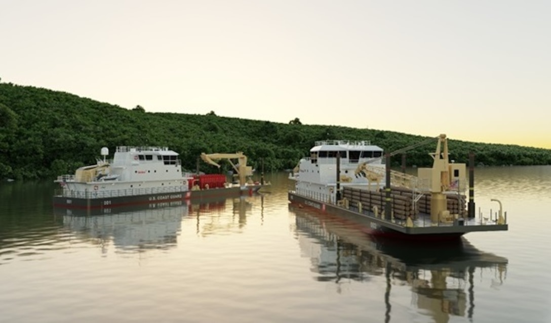 Notional vendor rendering of two Waterways Commerce Cutter variants: a River Buoy Tender (left) and an Inland Construction Tender (right). The CB-ATON-S class will support operations of all three WCCs variants, including the Inland Buoy Tenders that will be acquired under a separate contract. (Image courtesy of Birdon America, Inc.)