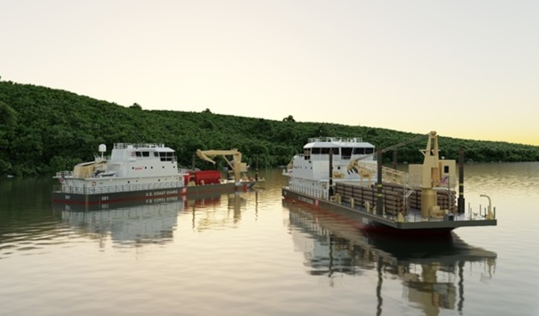 Notional vendor rendering of two Waterways Commerce Cutter variants: a River Buoy Tender (left) and an Inland Construction Tender (right). The CB-ATON-S class will support operations of all three WCCs variants, including the Inland Buoy Tenders that will be acquired under a separate contract. (Image courtesy of Birdon America, Inc.)