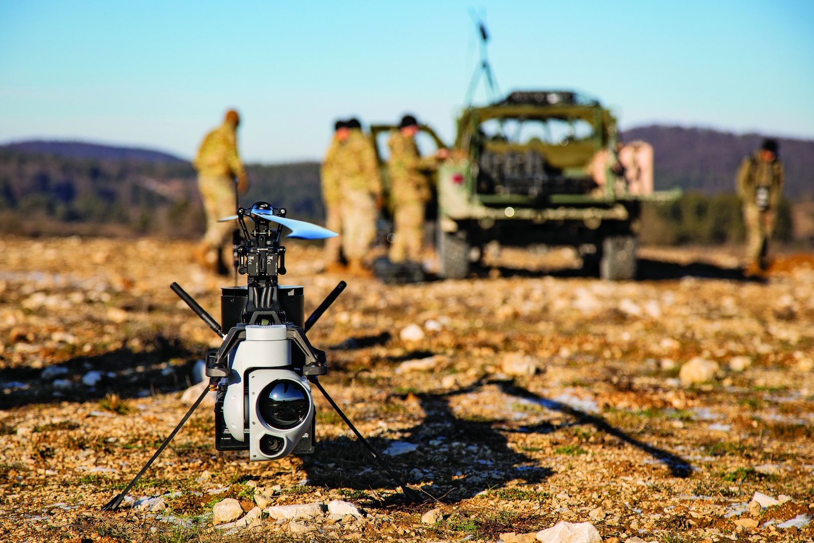 A U.S. Army Anduril Ghost X medium-range reconnaissance drone, assigned to the 317th Brigade Engineering Battalion, 3rd Brigade Combat Team, 10th Mountain Division, takes off during exercise Combined Resolve 25-1 at the Joint Multinational Readiness Center, Hohenfels Training Area, Hohenfels, Germany, Jan. 14, 2025. Combined Resolve is a US-led, NATO and partner-integrated exercise in the European Theater focused on combined arms interoperability. (U.S. Army photo by Spc. Thomas Dixon)