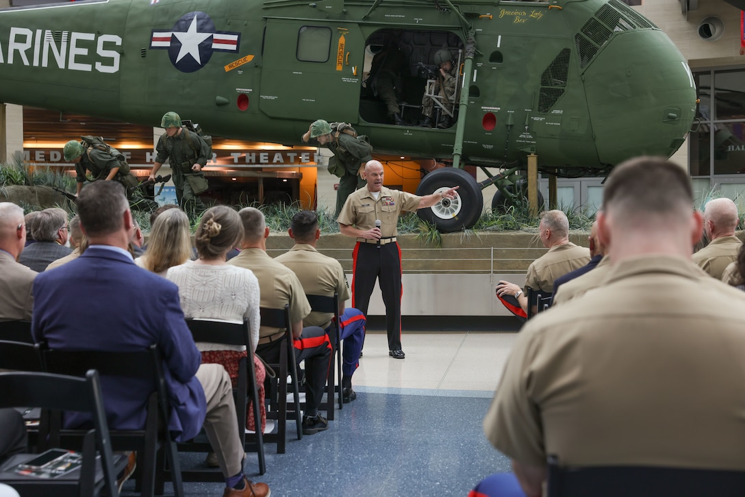 Maj. Gen. Walker M. Field, commanding general of Marine Corps Recruiting Command, speaks at the MCRC change of command ceremony at the National Museum of the Marine Corps, Triangle, Va., Sept. 30, 2025. Lt. Gen. William J. Bowers, deputy commandant of Manpower and Reserve Affairs, relinquished command to Field after serving as MCRC’s commanding general for three years. (U.S. Marine Corps photo by Cpl. Brenna Ritchie)