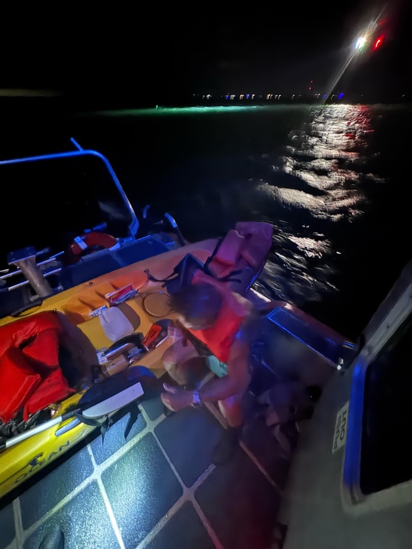 A U.S. Coast Guard Air Station Miami MH-65 helicopter aircrew and a Station Islamorada boat crew rescue two kayakers in the vicinity of Baker Cut, Florida, Sept. 29, 2025. Both kayakers were rescued with no medical concerns after their kayak overturned. (U.S. Coast Guard photo)