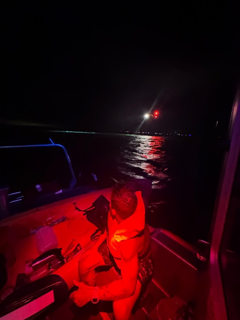A U.S. Coast Guard Air Station Miami MH-65 helicopter aircrew and a Station Islamorada boat crew rescue two kayakers in the vicinity of Baker Cut, Florida, Sept. 29, 2025. Both kayakers were rescued with no medical concerns after their kayak overturned. (U.S. Coast Guard photo)
