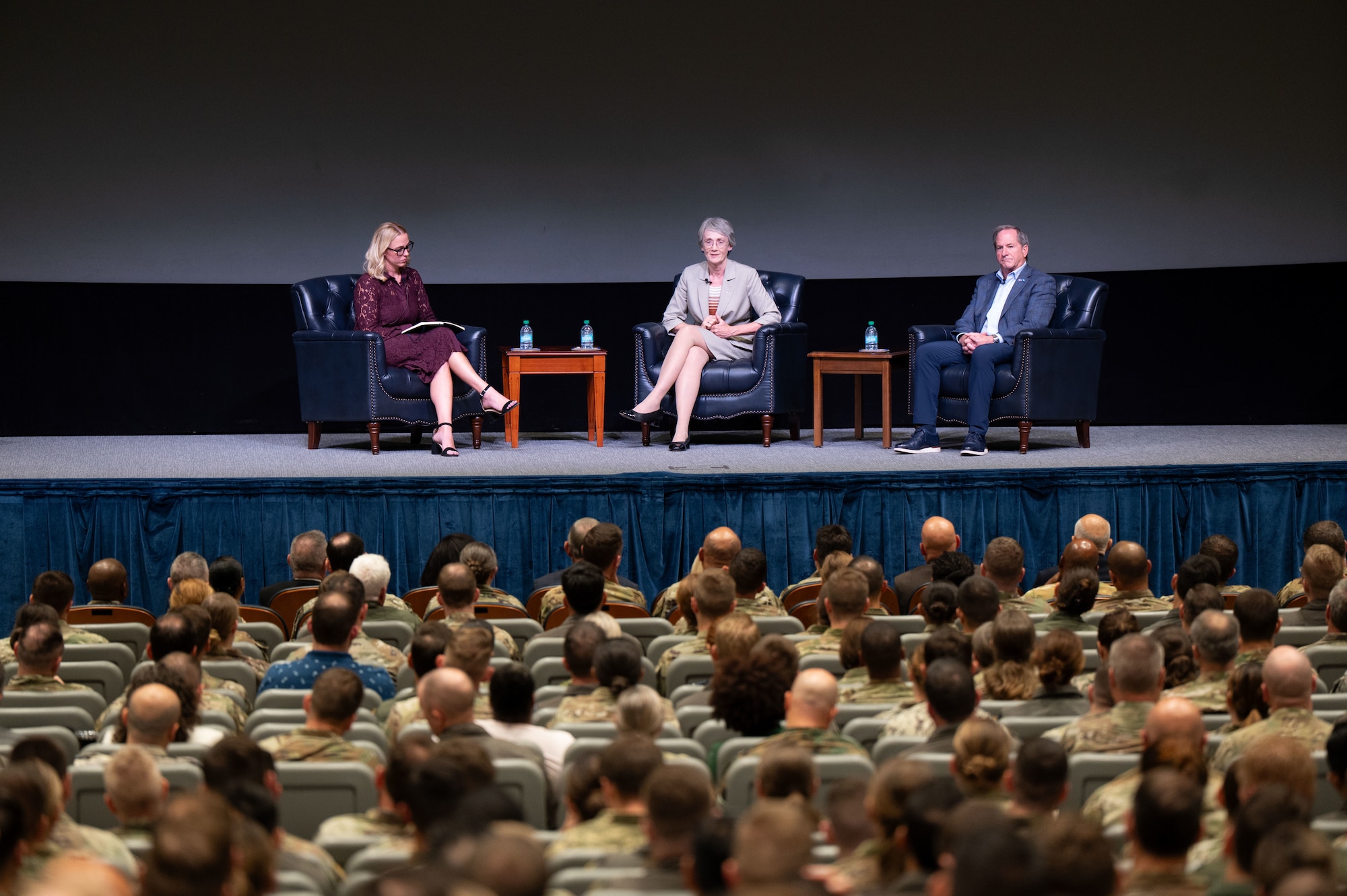 Former Secretary of the Air Force Heather Wilson and retired Gen. David Goldfein, former Air Force Chief of Staff, discuss their book, “Get Back Up: Lessons in Servant Leadership” at a fireside chat at the Squadron Officer School on Maxwell Air Force Base, Alabama, Sept. 29, 2025.