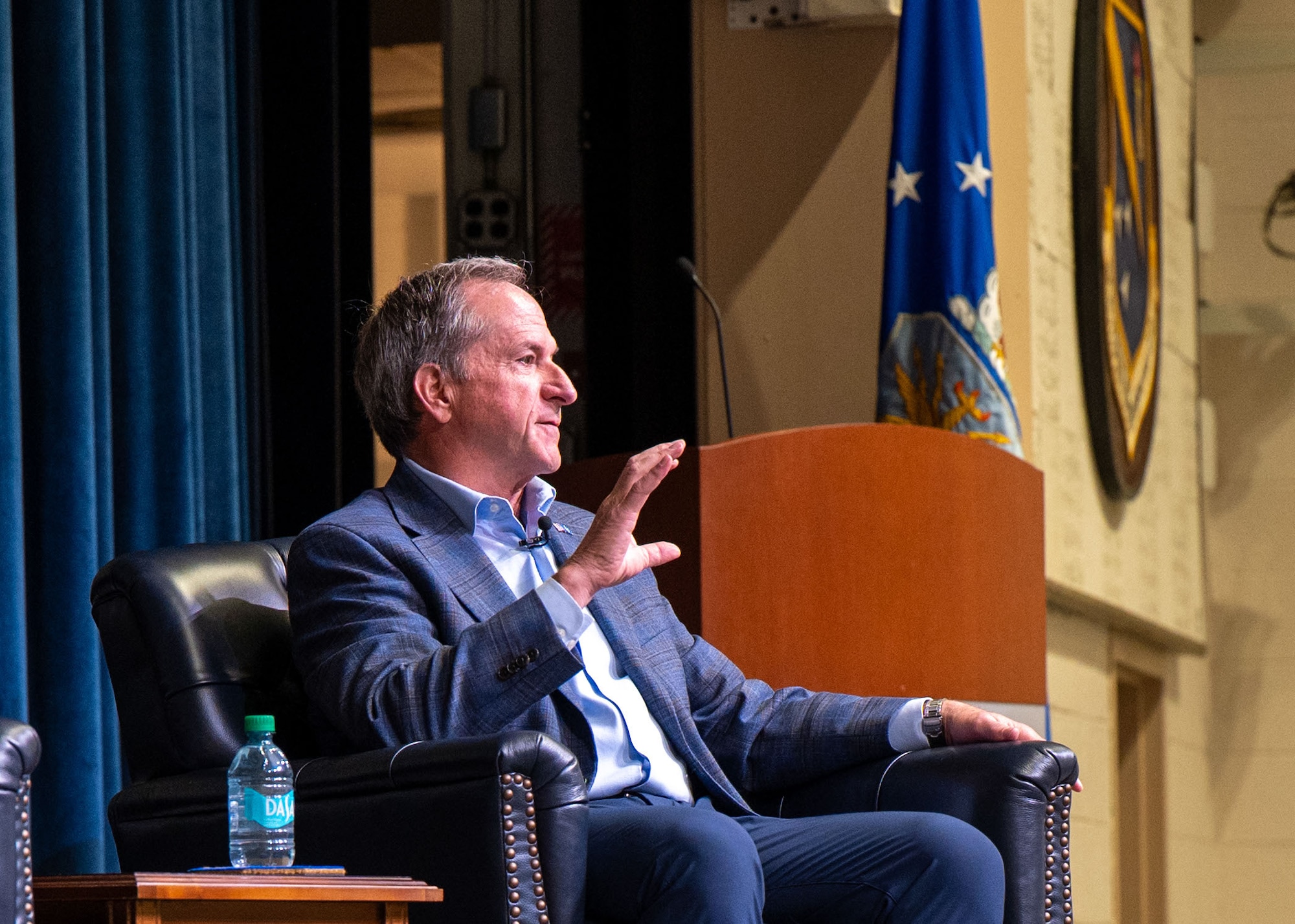 Retired Gen. David Goldfein, former Air Force Chief of Staff, speaks during a fireside chat at the Squadron Officer School on Maxwell Air Force Base, Alabama, Sept. 29, 2025.