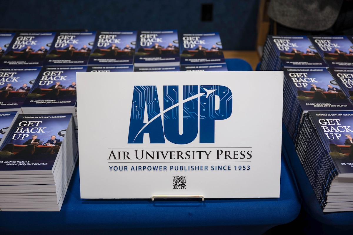 A display of the book, “Get Back Up: Lessons in Servant Leadership” at a fireside chat at the Squadron Officer School on Maxwell Air Force Base, Alabama, Sept. 29, 2025.