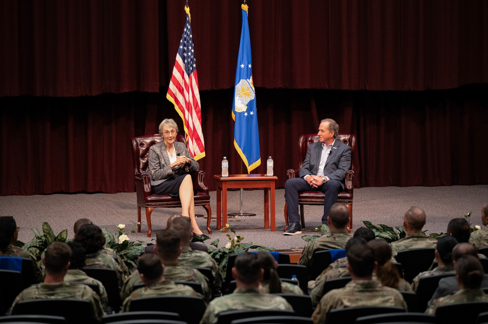 Former Secretary of the Air Force Heather Wilson and retired Gen. David Goldfein, former Air Force Chief of Staff, speak during a Barnes Enlisted Education Center discussion in the Senior NCO Academy auditorium at Gunter Annex Air Force Base, Alabama, Sept. 30, 2025.