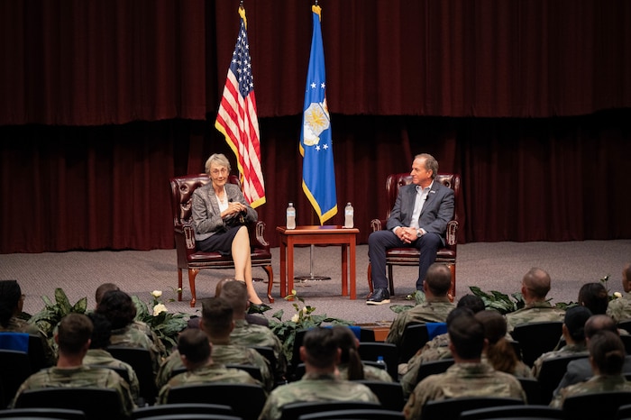Former Secretary of the Air Force Heather Wilson and retired Gen. David Goldfein, former Air Force Chief of Staff, speak during a Barnes Enlisted Education Center discussion in the Senior NCO Academy auditorium at Gunter Annex Air Force Base, Alabama, Sept. 30, 2025.