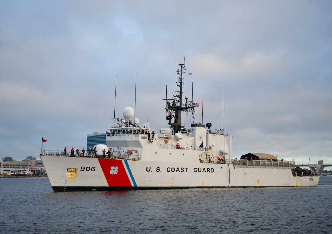The medium endurance cutter USCGC Seneca (WMEC 906) makes way into Port Everglades in Fort Lauderdale, Florida, Sept. 30, 2025. The crew offloaded more than 12,750 pounds of cocaine and marijuana with an approximate street value of $94.5 million. (U.S. Coast Guard photo by Petty Officer 1st Class Diana Sherbs)