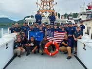 The crew of the USCGC Oliver Henry (WPC 1140) and members of the Federated States of Micronesia National Police - Maritime Wing take a moment for a team photo at the pier in Pohnpei, FSM on Sept. 17, 2025, to ensure compliance with applicable laws and fisheries regulations.