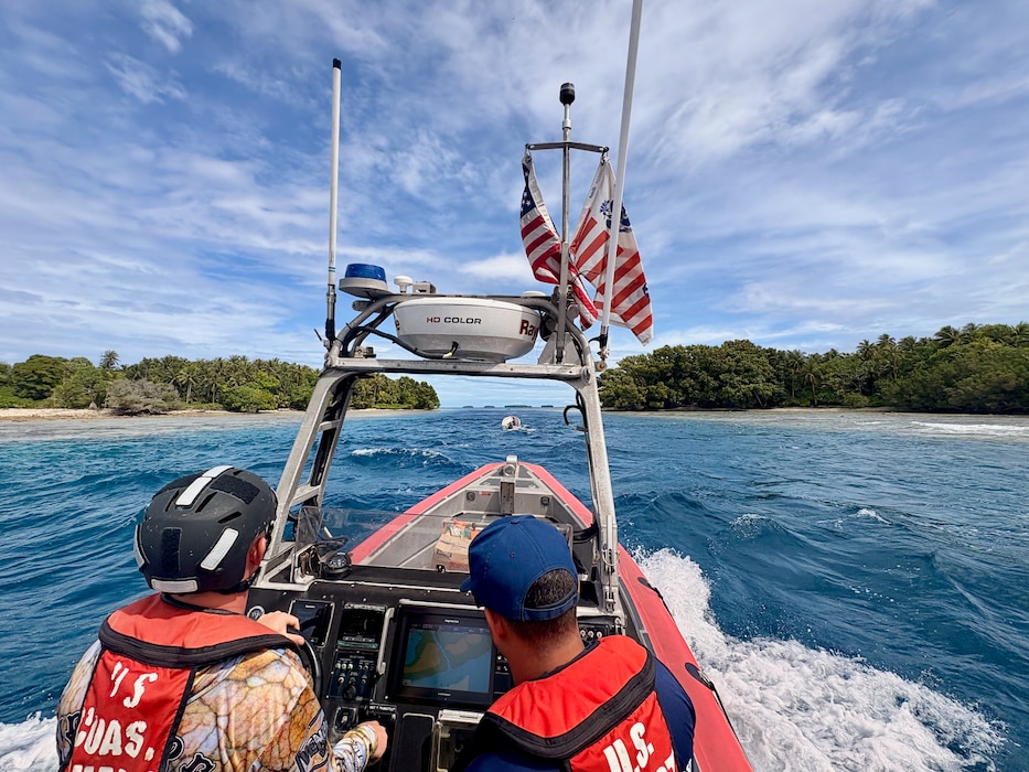 The crew of the USCGC Oliver Henry (WPC 1140) deliver essential supplies donated through a nonprofit foundation and coordinated with the U.S. Embassy in Kolonia to Kapingamarangi Atoll in the Federated States of Micronesia on Sept. 15, 2025.