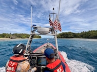 The crew of the USCGC Oliver Henry (WPC 1140) deliver essential supplies donated through a nonprofit foundation and coordinated with the U.S. Embassy in Kolonia to Kapingamarangi Atoll in the Federated States of Micronesia on Sept. 15, 2025.
