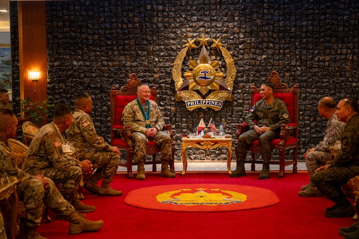 U.S. Army Maj. Gen. Stephen Logan, adjutant general of the State of Hawai‘i, attends a key leader engagement hosted by Philippine Army Lt. Gen. Rey Alemania, Armed Forces of the Philippines Joint Sustainment Command commander, at Camp General Emilio Aguinaldo, Quezon City, Philippines, Sept. 24, 2025.