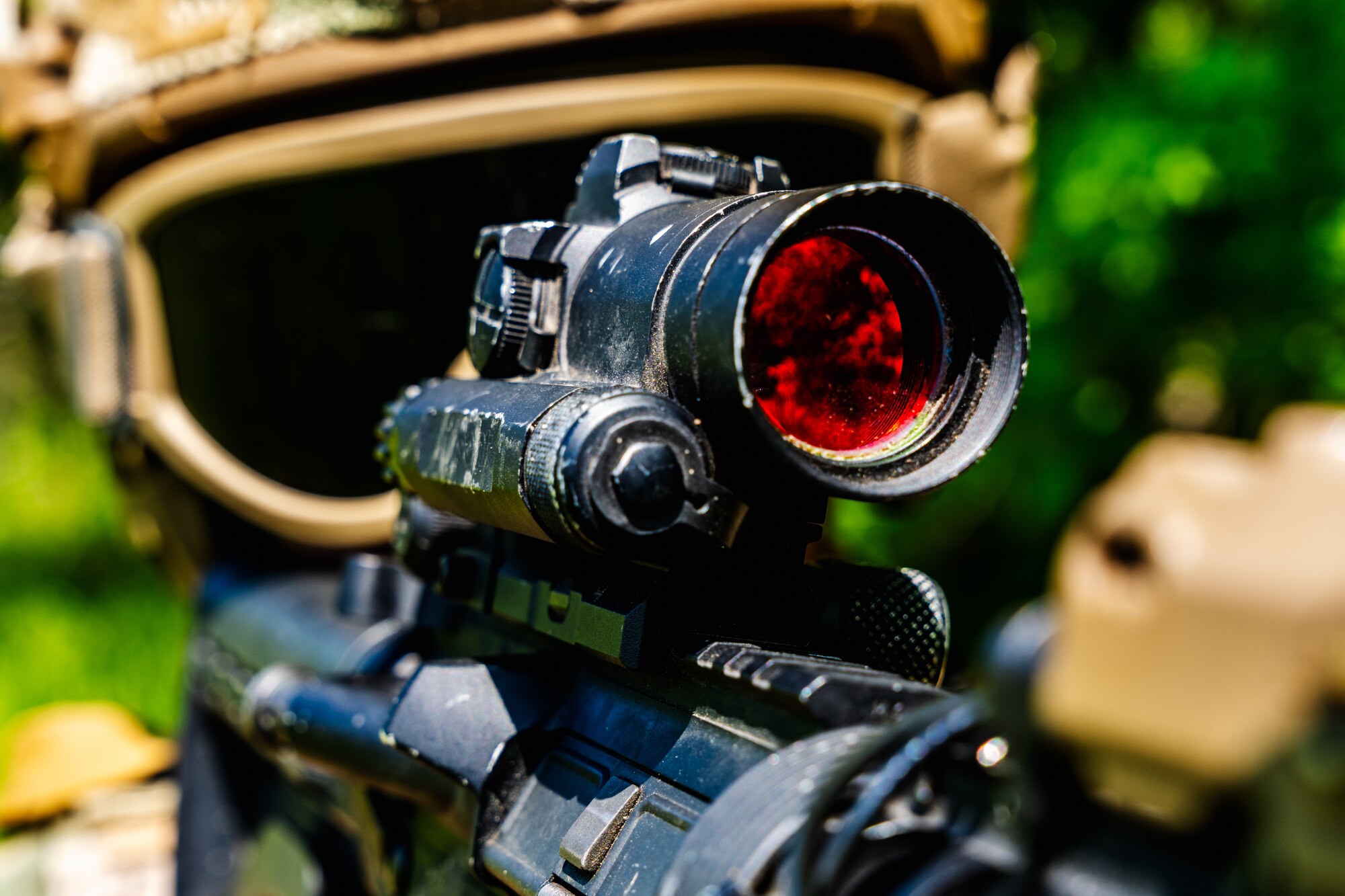 U.S. Air Force Airman 1st Class Uriah Kemp, 509th Security Forces Squadron Base Response Team member, surveys the surrounding area during a joint force exercise in Clinton, Missouri, May 4, 2025. The 509th SFS Base Response Team collaborated with the Missouri Army National Guard 1-135 Assault Helicopter Battalion for an exercise that prepared the defenders to seek out and secure high-value targets. (U.S. Air Force photo by Staff Sgt. Joshua Hastings)