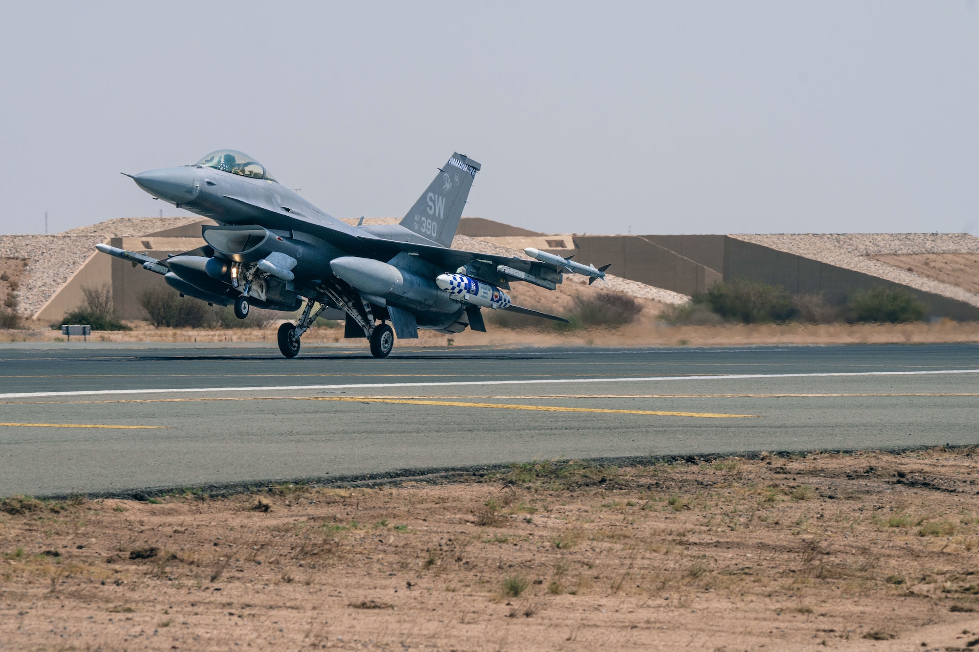 A U.S. Air Force F-16 Fighting Falcon assigned to the 55th Expeditionary Fighter Squadron lands.