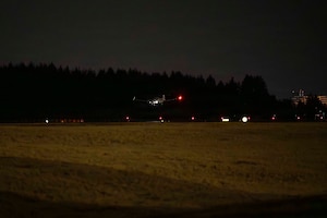 A Diamond DA42 NG Twin Star assigned to the Yokota Flight Center lands during a small parts delivery mission as part of exercise Beverly Midnight 2026 at Yokota Air Base, Japan, March 13, 2026. BM26 provides an optimal environment to enhance and understand possible opportunities to continue the advancement of shared interests