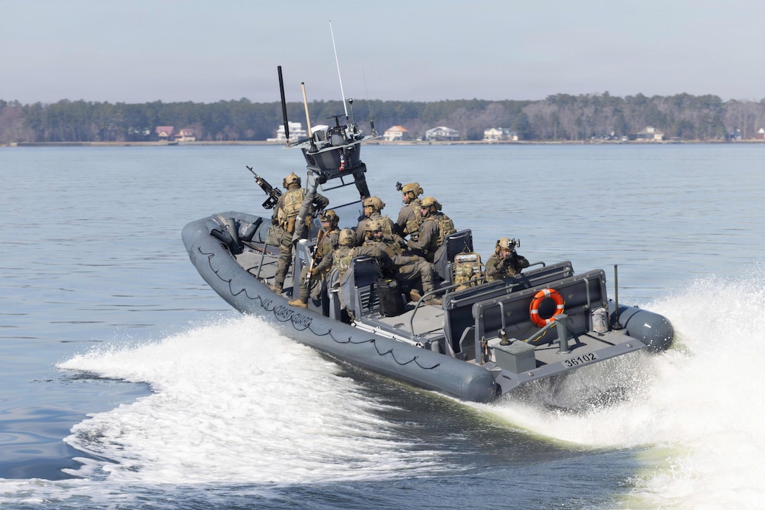 U.S. Coast Guardsmen with the Maritime Security Response Team East conduct formation boat drills during a training exercise in Marine Corps Air Station Cherry Point waterways, North Carolina, Feb. 17, 2026. The MSRT-E is a deployable, specialized force that conducts counterterrorism and direct-action missions. MCAS Cherry Point waterways facilitates crucial maritime training opportunities across the Department of War and the Department of Homeland Security to strengthen the operational readiness of the joint force. (U.S. Marine Corps photo by Lance Cpl. Dillon Anderson)