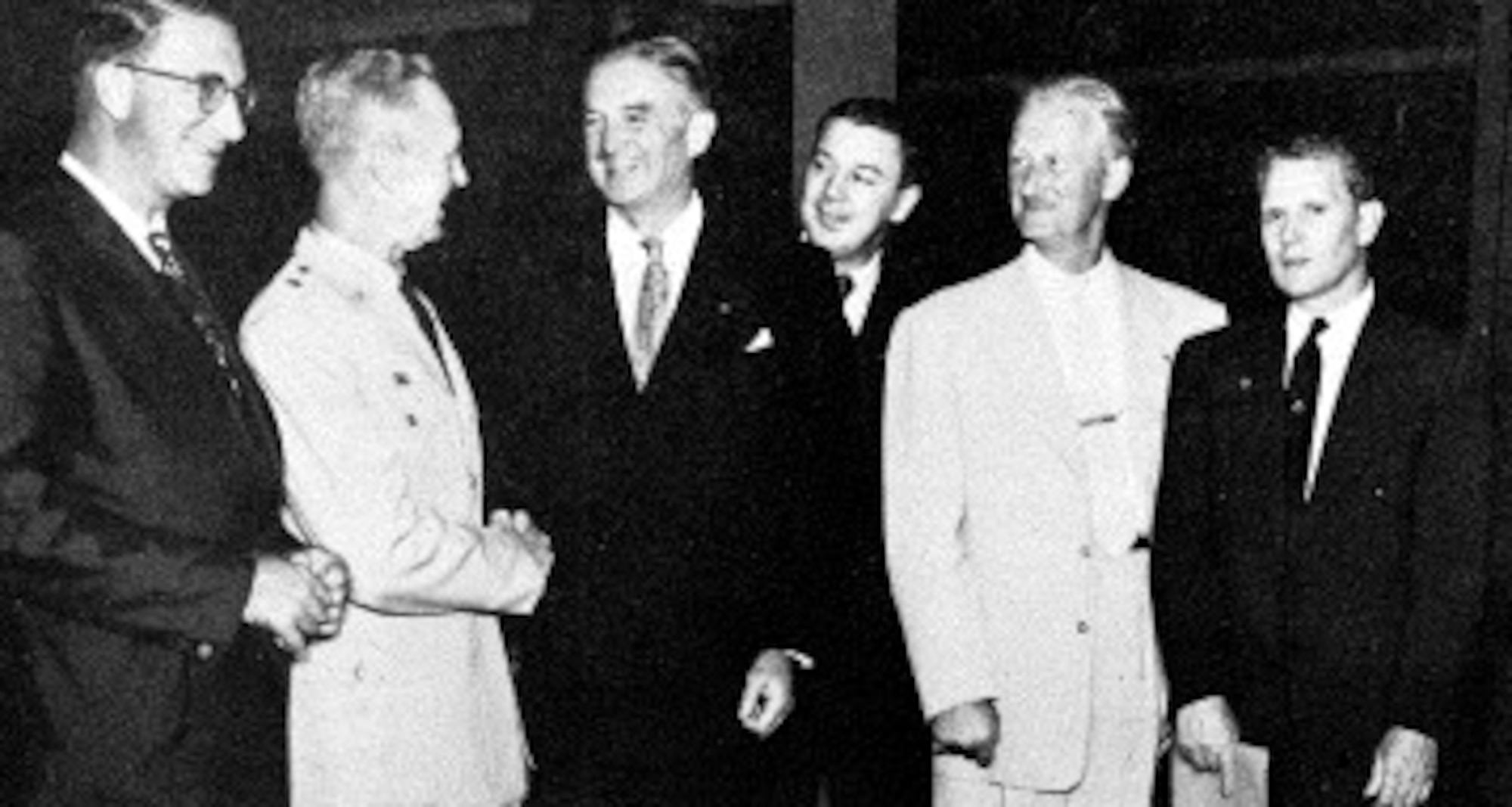 W. Stuart Symington, third from left, visits the Arnold Engineering Development Center in 1953. Symington served as secretary of the U.S. Air Force from 1947 to 1950 and was Air Force secretary when the construction of the Arnold Engineering Development Center was authorized in 1949. Also pictured from left are U.S. Sen. Estes Kefauver, then-AEDC Commander Maj. Gen. Sam Harris, U.S. Rep. Joe Evins, Arnold Research Organization President Maj. Gen. Leif Sverdrup and U.S. Sen. Albert Gore Sr. The Center in Tennessee would later become the headquarters of Arnold Engineering Development Complex. (U.S. Air Force photo)