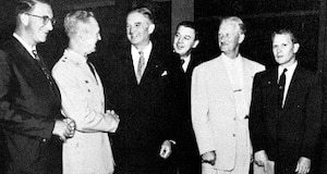 W. Stuart Symington, third from left, visits the Arnold Engineering Development Center in 1953. Symington served as secretary of the U.S. Air Force from 1947 to 1950 and was Air Force secretary when the construction of the Arnold Engineering Development Center was authorized in 1949. Also pictured from left are U.S. Sen. Estes Kefauver, then-AEDC Commander Maj. Gen. Sam Harris, U.S. Rep. Joe Evins, Arnold Research Organization President Maj. Gen. Leif Sverdrup and U.S. Sen. Albert Gore Sr. The Center in Tennessee would later become the headquarters of Arnold Engineering Development Complex. (U.S. Air Force photo)