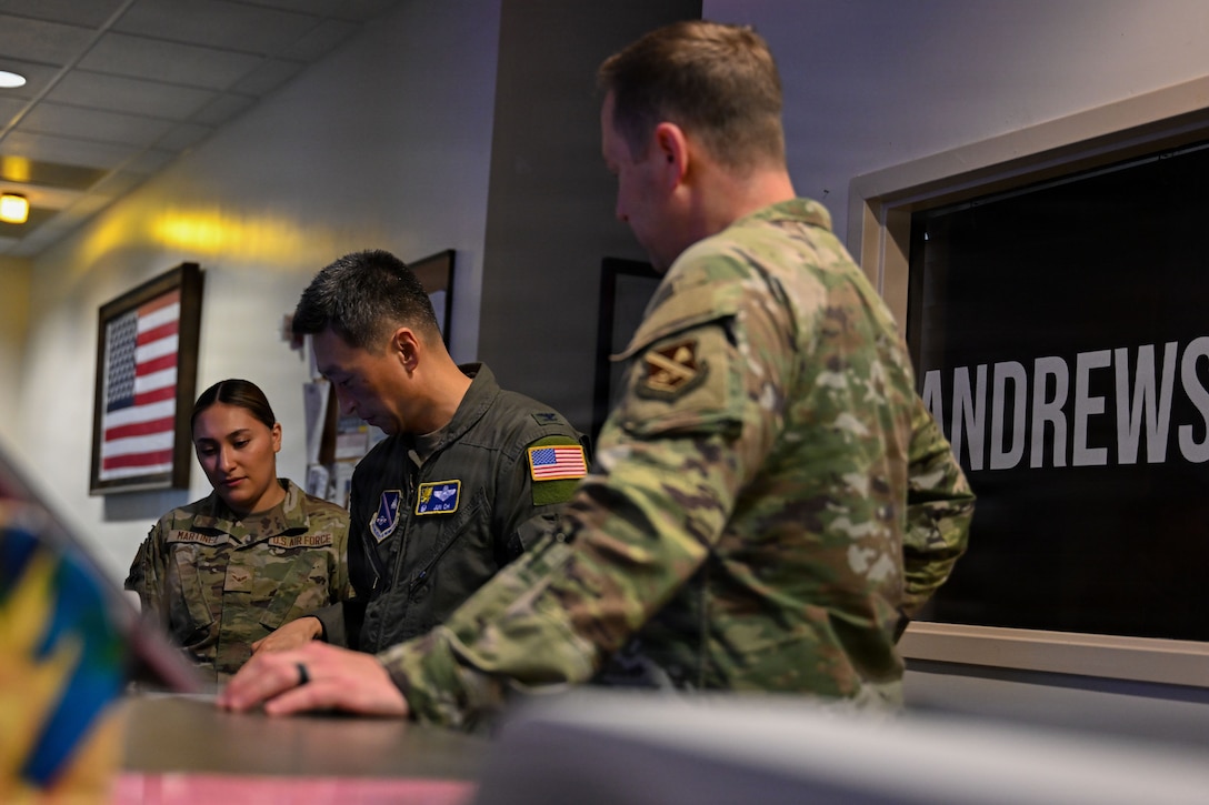 U.S. Air Force Airman 1st Class Natalie Martinez, explains her duties and responsibilities to base leadership.
