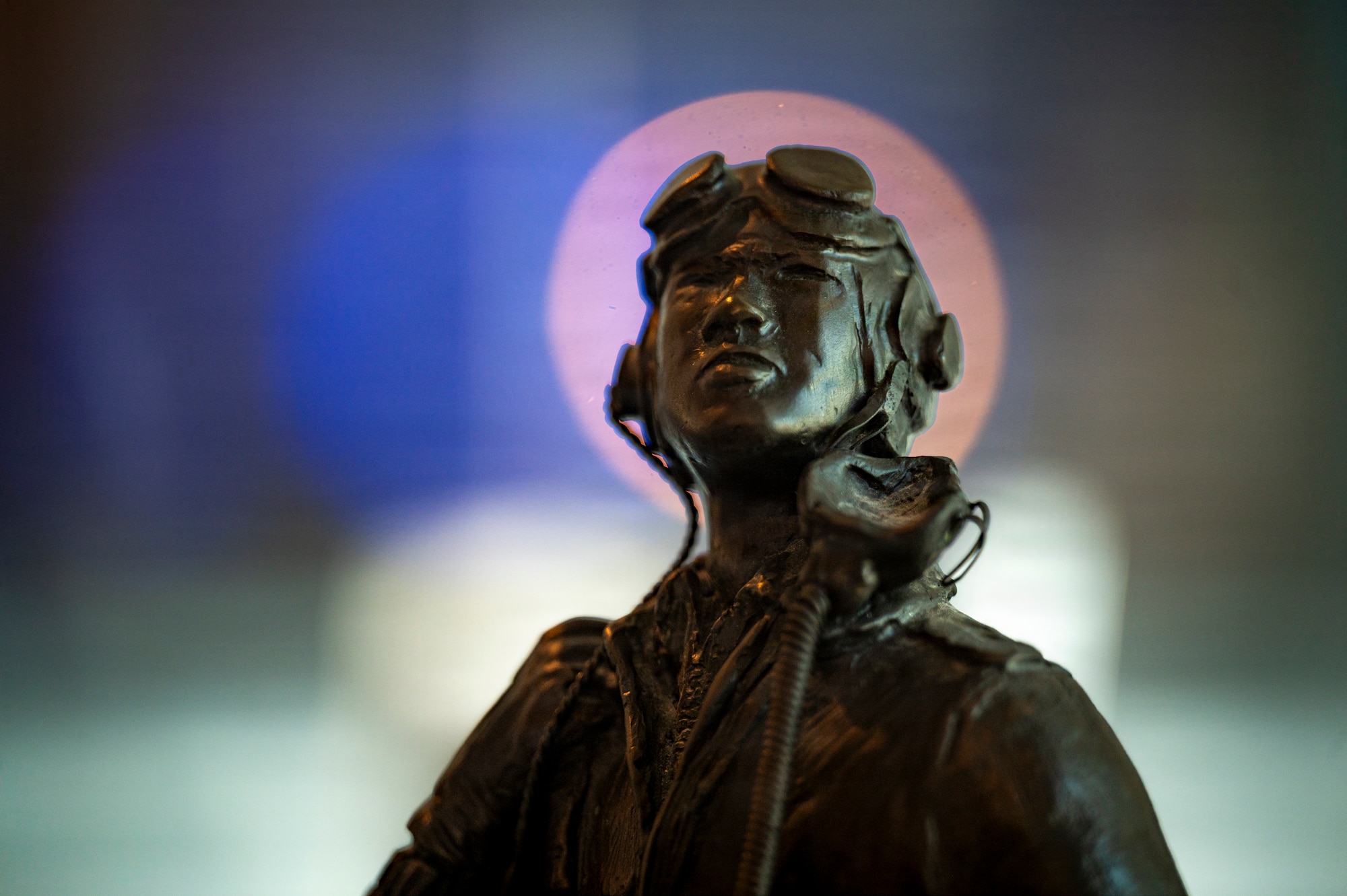A statue sits static at new Tuskegee Airmen exhibit at the Virginia Air and Space Science Center in Hampton, Virginia, March 26, 2026. The statue was made by Tuskegee Airman Lt. Col. (retired) Clarence L. Shivers and was commissioned in 1985 for display at the U.S. Air Force Academy. (U.S. Air Force photo by Staff Sgt. Michael Bowman)