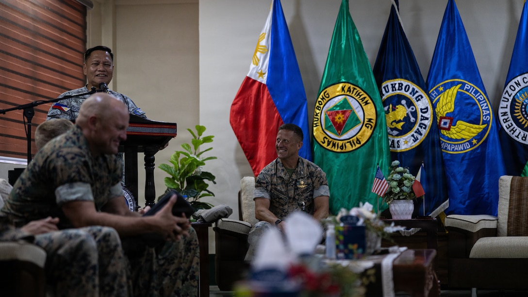 Philippine Air Force Lt. Gen. Aristotle D. Gonzalez, the commanding general of Northern Luzon Command, delivers remarks to U.S. Marines with Marine Rotational Force – Southeast Asia, I Marine Expeditionary Force, during a key leader engagement at Camp Aquino, Clark, Philippines.