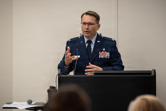 Col. Dale Harrell speaks during his change of command ceremony at Wright-Patterson Air Force Base, Ohio, March 30, 2026.