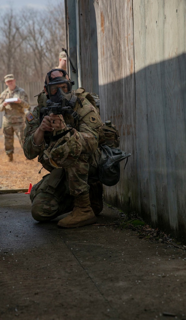 U.S. Army Captain Joseph Colavito clears a hallway during a team task at the 2026 Connecticut Best Warrior Competition at Stones Ranch, March 26, 2026.