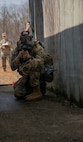 U.S. Army Captain Joseph Colavito clears a hallway during a team task at the 2026 Connecticut Best Warrior Competition at Stones Ranch, March 26, 2026.