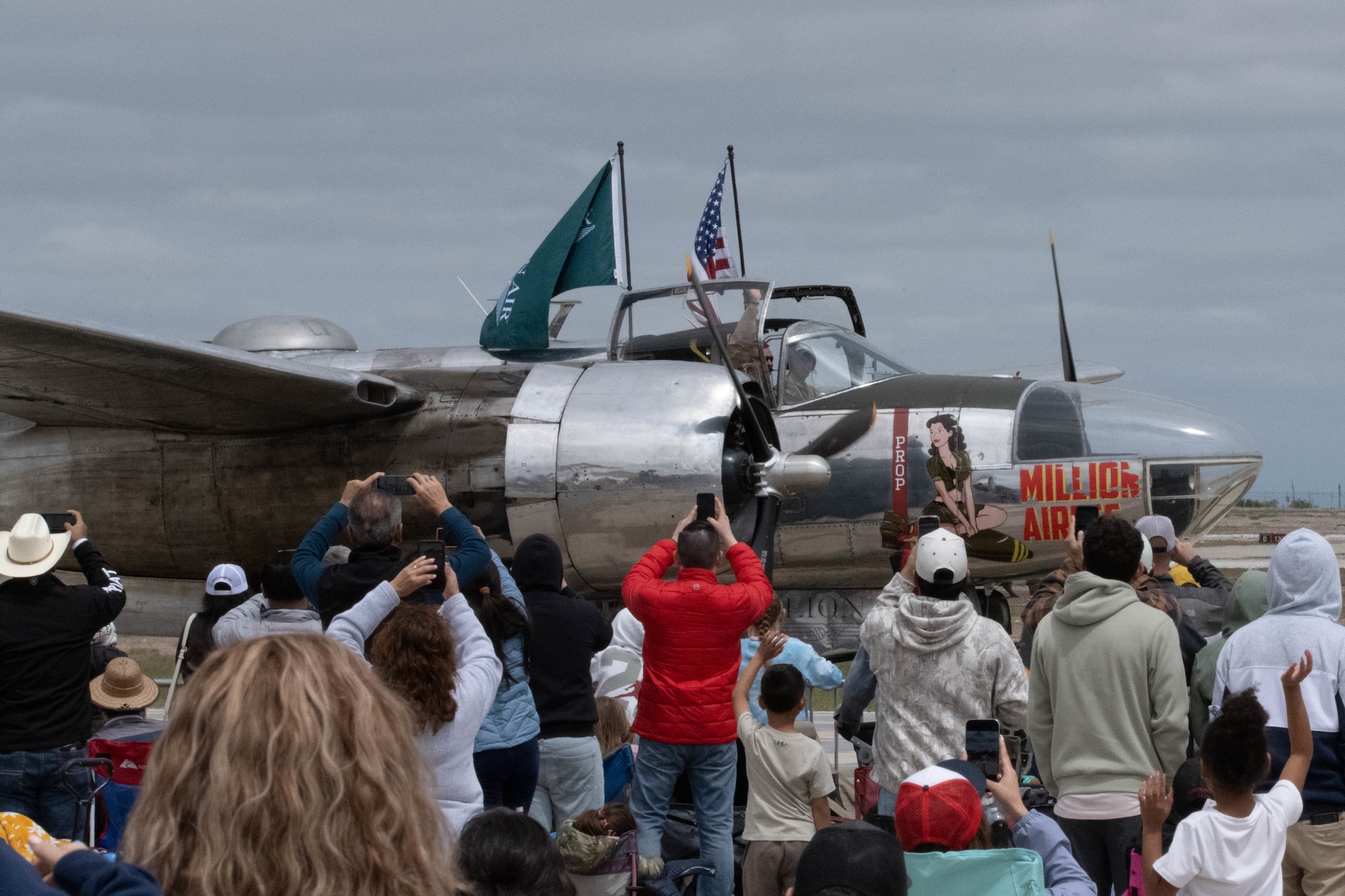 Spectators greet the A-26 “Million Airess” aircraft as it prepares for takeoff during the 2026 Fiesta of Flight airshow at Laughlin Air Force Base, Texas, March 28, 2026. The event provided opportunities for Laughlin and the Air Force to connect with the local community and thank them for their continued and dedicated support. (U.S. Air Force photo by Airman 1st Class Darryl Keith)