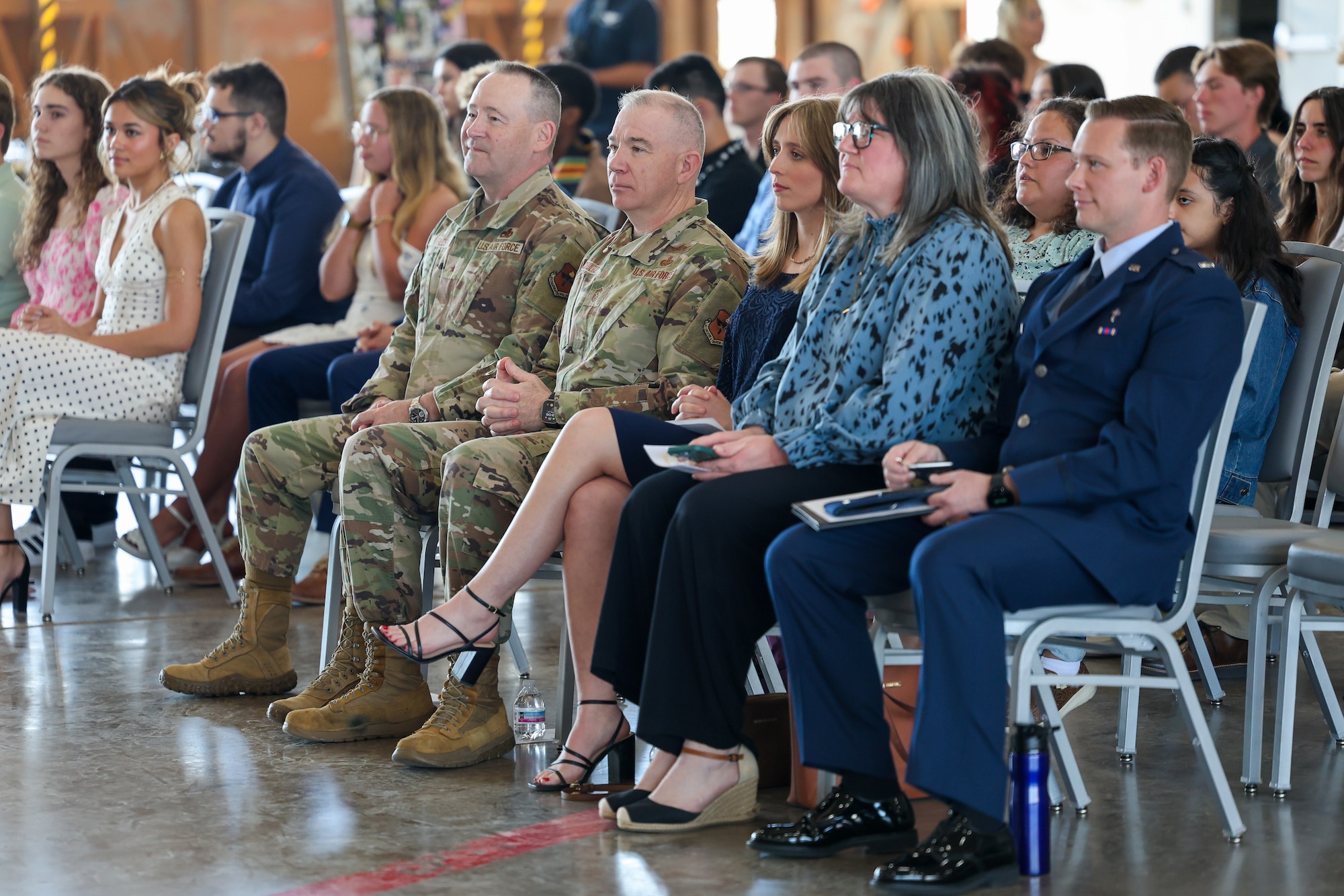 From left, U.S. Air Force Brig. Gen. Paul Filcek, 82nd Training Wing commander, and Chief Master Sgt. Rey Schultz, 82nd TRW command chief, sit with distinguished visitors during the inaugural Military-Connected Senior Recognition Ceremony at Sheppard Air Force Base, Texas, March 29, 2026.