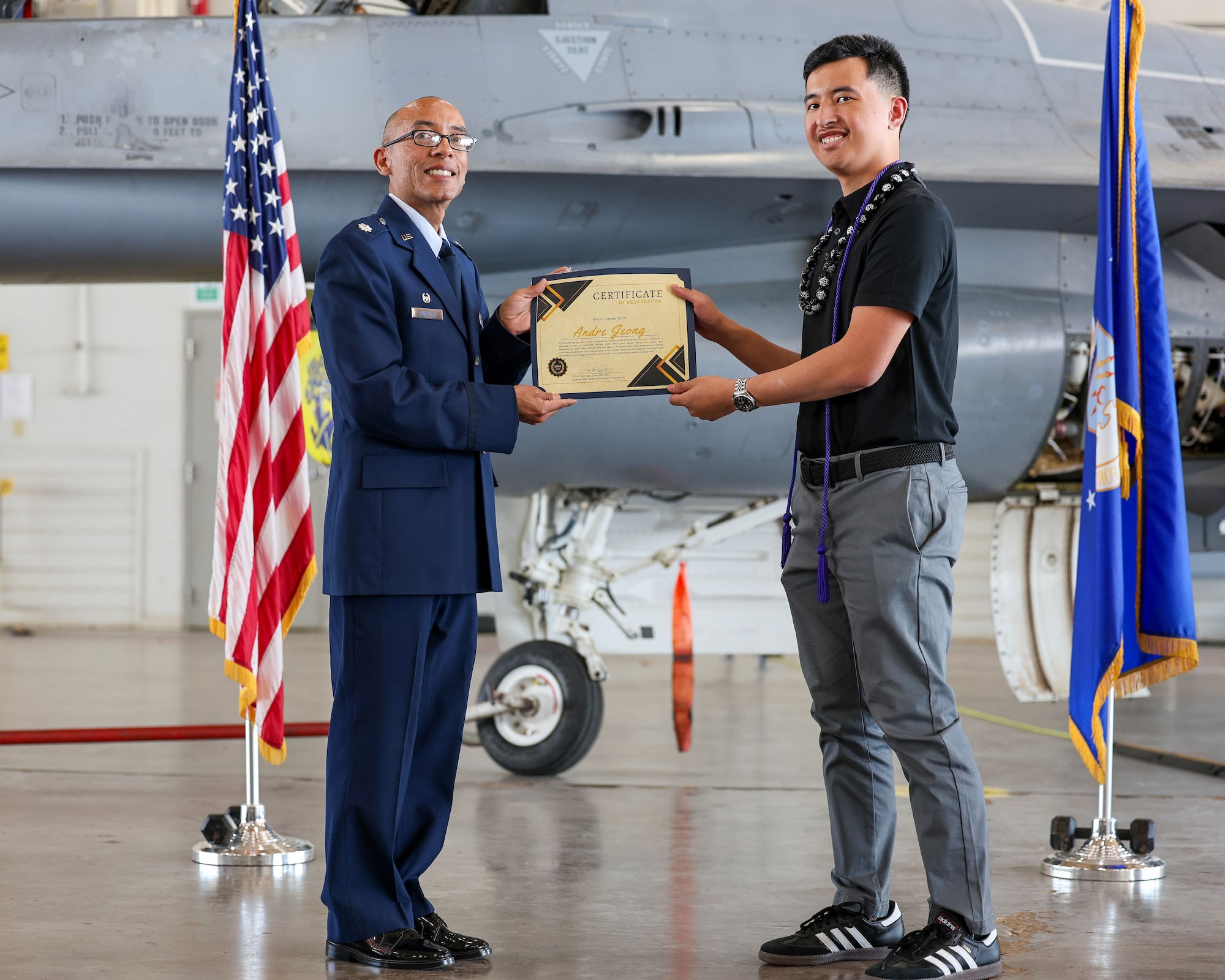 From left, U.S. Air Force Lt. Col. Santiago Camacho, 82nd Force Support Squadron commander, presents a certificate of recognition to Andre Jeong, a local high school senior, during the inaugural Military-Connected Senior Recognition Ceremony at Sheppard Air Force Base, Texas, March 29, 2026.